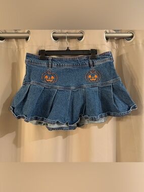 Sweet Society Denim Mini Skirt with Pumpkin Embroidery